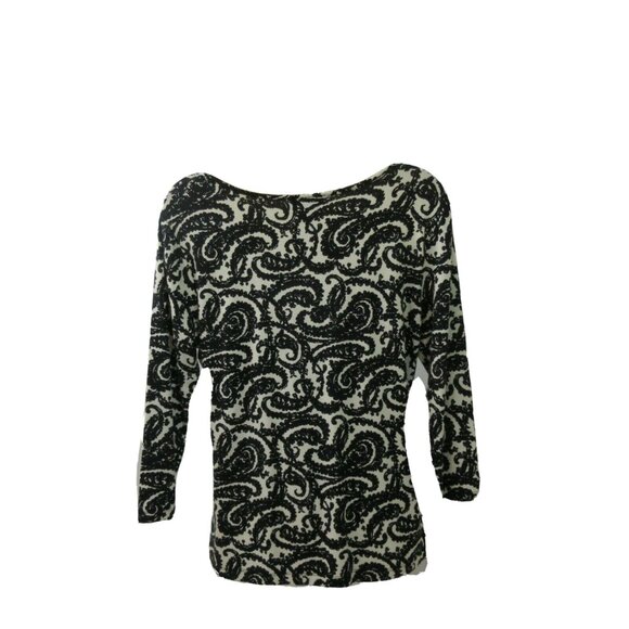 TALBOTS Top Size Medium Black White Paisley Pullover Scoop Neck ¾ Sleeve Stretch - Picture 2 of 6